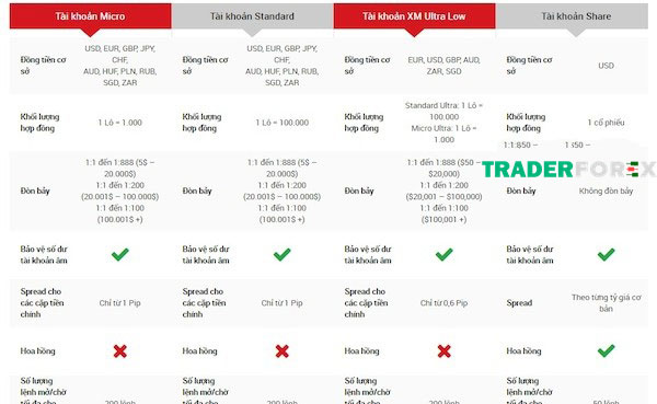 Các loại tài khoản tại sàn XM