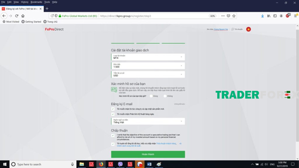 Cài đặt tài khoản Fxpro
