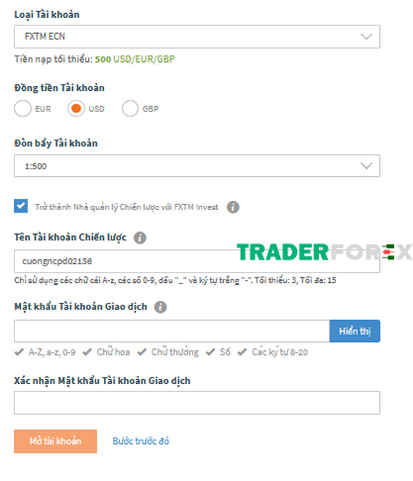 Tạo tài khoản giao dịch để hoàn thành đăng ký FXTM