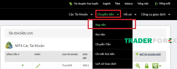 Vào Menu “Chuyển tiền” để chọn “Nạp tiền”