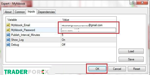 Hộp thoại sau khi chọn Myfxbook