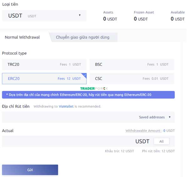 Giao diện rút tiền tại sàn CoinEx 