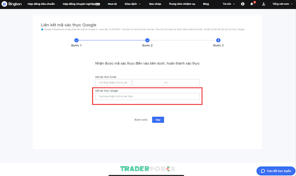 Nhập mã code 6 chữ số được cung cấp từ Google Authenticator
