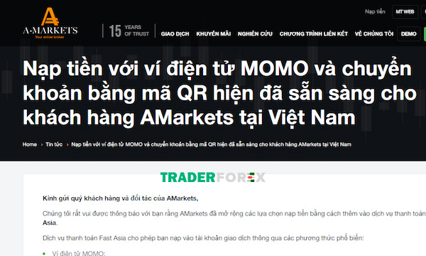 Khách hàng được hỗ trợ phương thức nạp tiền bằng ví điện tử Momo tại AMarkets