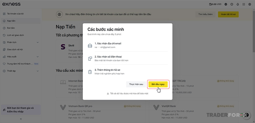 Bấm bắt đầu ngay để nhận mã xác nhận vào email