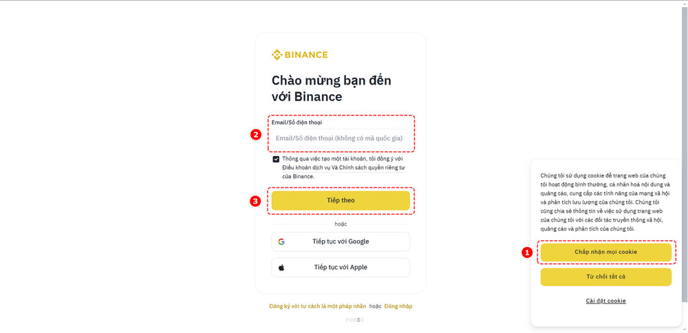 Trang đăng ký của Binance