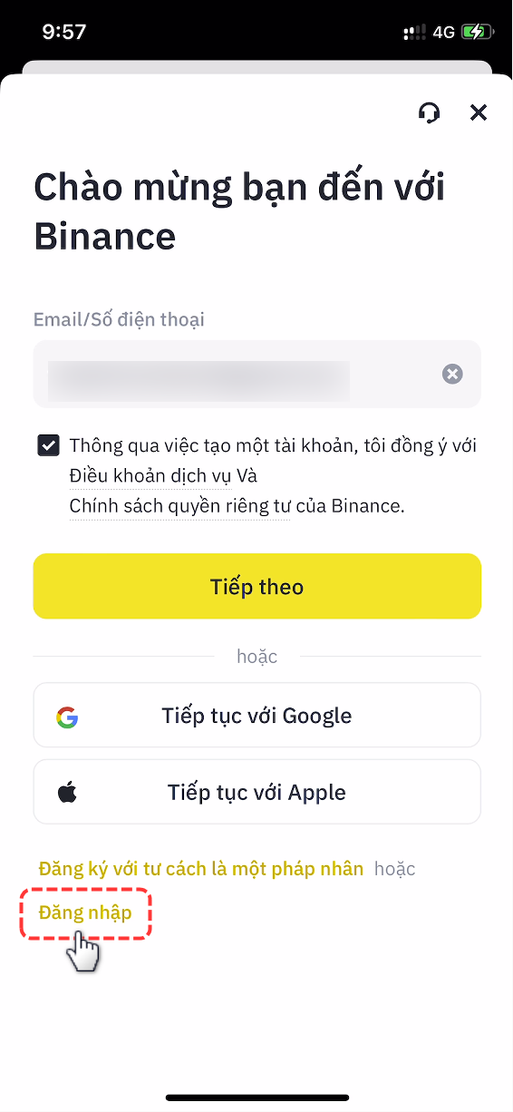 Bấm đăng nhập trên ứng dụng binance