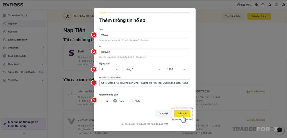 Nhập các thông tin hiển thị trên màn hình