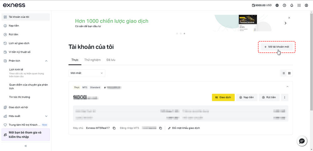 Nút mở tài khoản giao dịch mới