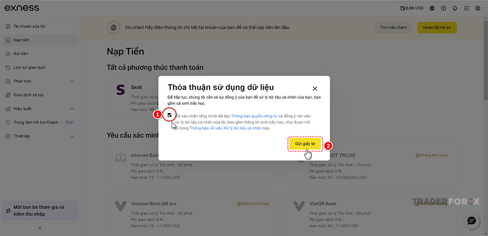 Đồng ý với các điều khoản của Exness trước khi upload tài liệu KYC
