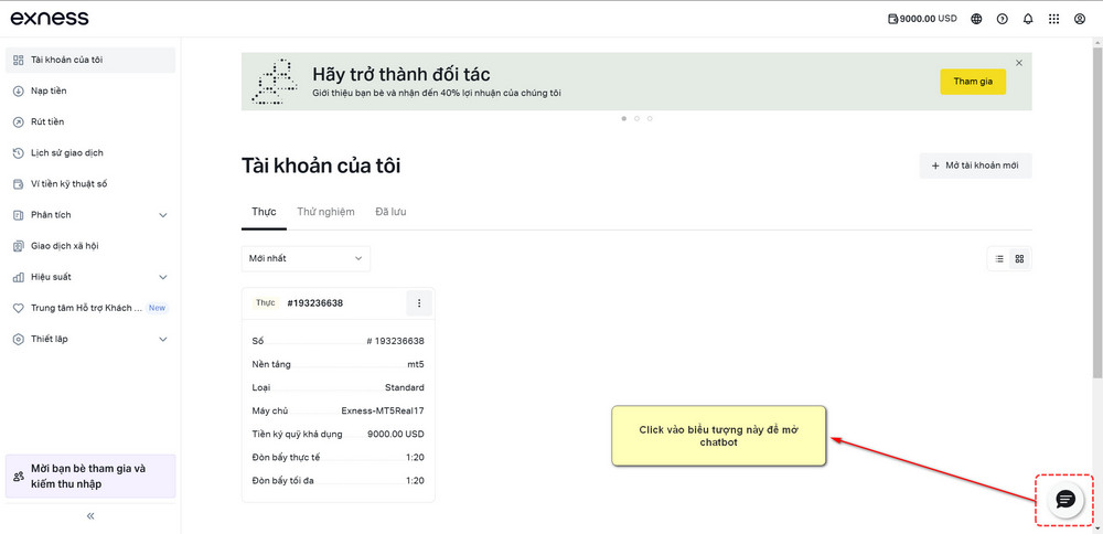 Mở chat bot Exness