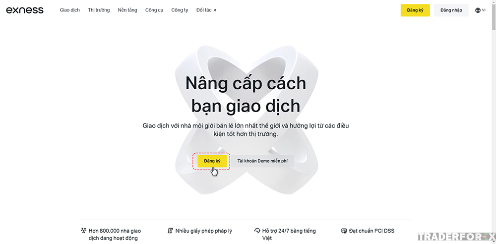 Giao diện chính khi nhấp vào trang web Exness