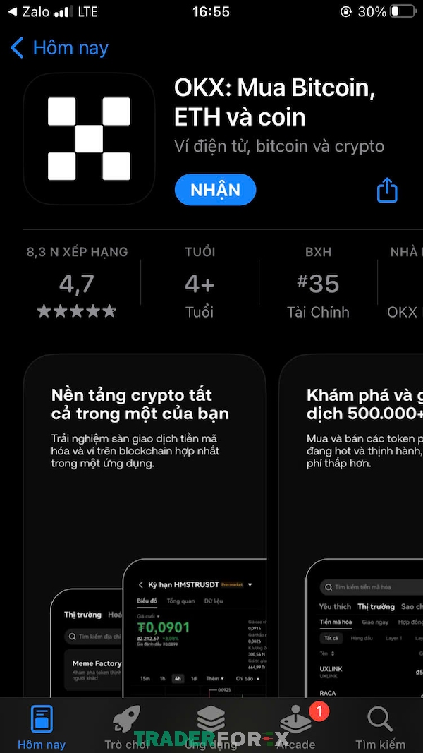 Bấm vào “Nhận” để tải ứng dụng OKX về thiết bị di động