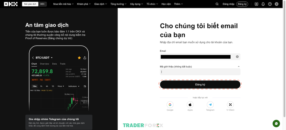 Điền địa chỉ email và chọn vào “Đăng ký”
