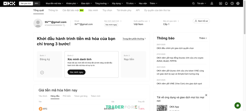 Giao diện tài khoản khi nhà đầu tư đăng ký OKX thành công