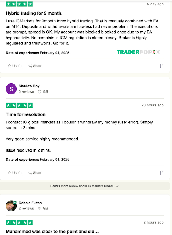 Các đánh giá tích cực gần đây nhất về sàn ICMarkets trên nền tảng Trustpilot